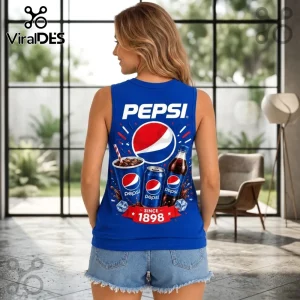 Pepsi 1898 Vintage Logo V-Neck Tank Top featuring a blue shirt with classic soda graphics and ice cubes.