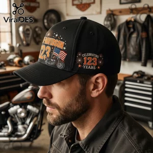 Harley-Davidson 123 Years Celebration Black Baseball Cap featuring a vintage motorcycle, US flag, and fireworks graphic.
