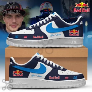 Red Bull Racing Formula One Nike Air Force 1 Sneakers in white and navy blue with racing team logos and custom text.