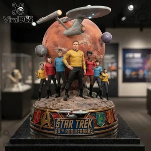 Star Trek 60th Anniversary resin diorama featuring Captain Kirk, Spock, and crew on a cratered moon base with the USS Enterprise.!