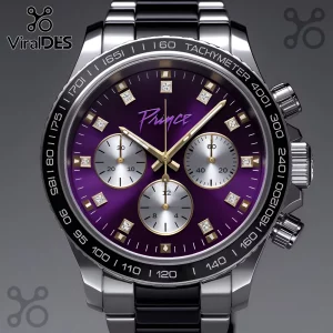 Prince Purple Rain Black Chronograph Watch featuring a deep purple dial, gold indices, and a tachymeter bezel ring.