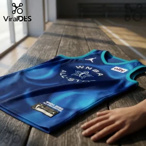 WNBA 2026 All-Star Chicago blue replica basketball jersey with teal trim and branded graphics on a wooden bench.