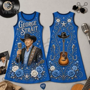 Blue sleeveless dress featuring George Strait portrait, cowboy hat, acoustic guitar, microphones, and blue floral motifs.!