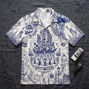 Ghostbusters Toile De Jouy Blue Button Down Shirt with New York City imagery and characters in a classic illustration style.