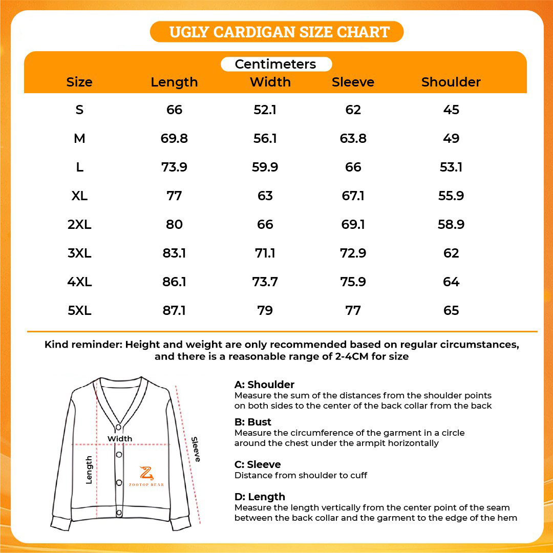 Ugly Cardigan Size Chart