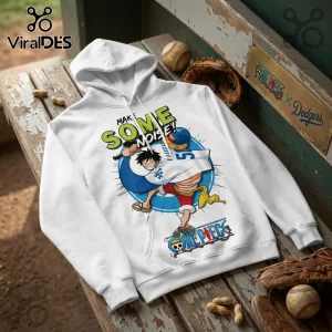 White pullover hoodie featuring Monkey D. Luffy from One Piece in a Dodgers jersey swinging a baseball bat.!