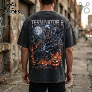 Terminator 2 No Fate Halloween Black Crewneck T-Shirt features a metallic T-800 skull, fire, pumpkins, and city ruins.