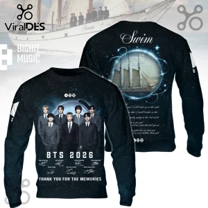 BTS 2026 Thank You For The Memories Signatures Hoodie featuring black fabric, band portrait, signatures, and ship graphic.