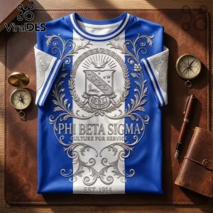 Phi Beta Sigma t-shirt featuring blue and white stripes, silver fraternity crest, ornate filigree, and Est. 1914 text.!