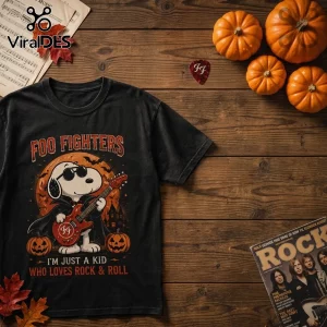 Foo Fighters x Snoopy Halloween Black T-Shirt with a graphic of Snoopy playing a guitar in front of a harvest moon.