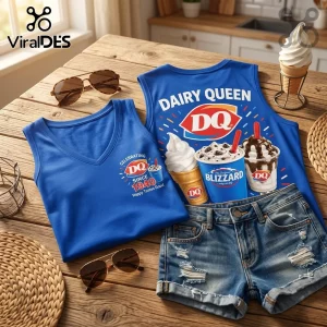 Dairy Queen Retro Since 1940 V-Neck Tank Top in blue featuring printed graphics of ice cream treats and DQ branding.