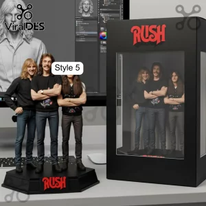 Rush band member figurines standing on a black display base next to a vertical black window box with the Rush logo.!