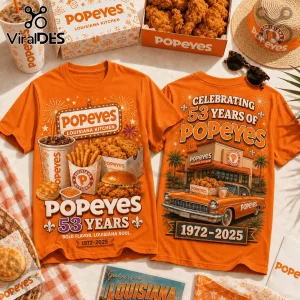 Popeyes Louisiana Kitchen 53 Years Anniversary Orange T-Shirt Popeyes Louisiana Kitchen 53 Years Anniversary Orange T-Shirt