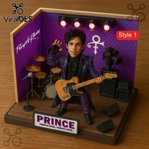 Prince Purple Rain Diorama Desktop Figurine featuring the singer in a sparkling purple suit with a miniature guitar.