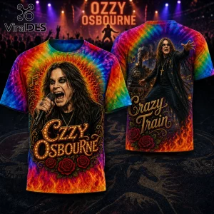Ozzy Osbourne t-shirt featuring rainbow tie-dye print, flames, red roses, and Crazy Train graphics on polyester fabric.!