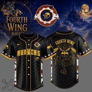 Black baseball jersey with Mudhens text, gold dragon graphic, scale pattern, and Fourth Wing lettering on the back.!