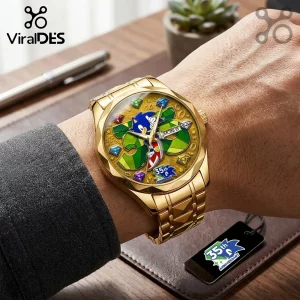 Gold-toned Sonic the Hedgehog 35th anniversary wristwatch with a multi-colored gem dial on a metal link band.!