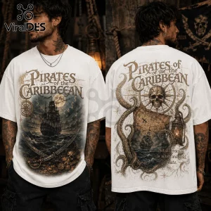 Off-white cotton t-shirt featuring Pirates of the Caribbean graphics of a ghost ship, skull, kraken tentacle, and map.!