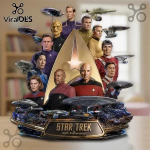 Star Trek 60th Anniversary Premium Acrylic Plaque featuring multi-generational captains and starships in a gold delta.