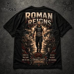 Roman Reigns black t-shirt featuring distressed text, WWE championship belt, and Tribal Chief insignia on a stage background.!