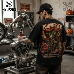 Budweiser Born To Be Wild Halloween Rat Fink T-Shirt on a man wearing a black cap in a garage workshop.