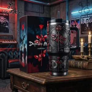 Depeche Mode Violator 40oz Stanley Handle Tumbler featuring a 3D red rose, metallic textures, and iconic album branding.