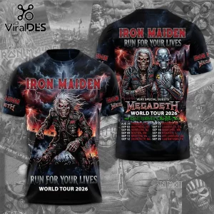 Iron Maiden Run For Your Lives World Tour 2026 t-shirt featuring Eddie graphics, lightning background, and tour dates list.!