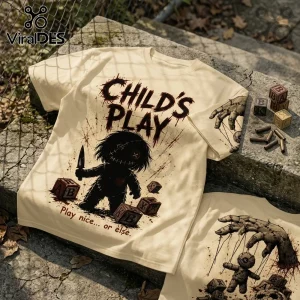 Cream-colored t-shirt featuring a Chucky-inspired voodoo doll graphic, knife, alphabet blocks, and the text Child's Play.!
