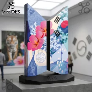 BTS Korean Heritage Acrylic Plaque featuring vibrant hibiscus flowers, the South Korean flag, and tiger illustrations.