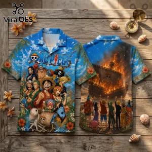 One Piece anime Hawaiian shirt featuring Straw Hat crew on blue sky background and Going Merry ship burning on the back.!