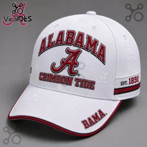 Alabama Crimson Tide Premium White Baseball Cap featuring red embroidered lettering, team logo, and embossed icons.