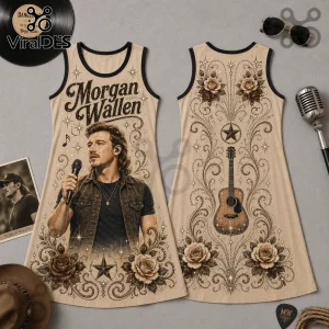 Beige sleeveless dress featuring Morgan Wallen portrait, acoustic guitar, roses, stars, and scrolling filigree graphics.!