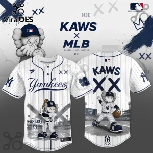 KAWS x MLB New York Yankees pinstripe baseball jersey featuring character graphics, XX eye icons, and official team logos.!