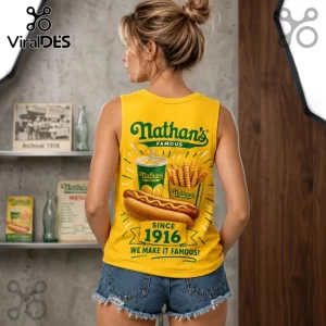 Nathan's Famous Since 1916 V-Neck Tank Top in bright yellow with a graphic of a hot dog, fries, and drink on the back.