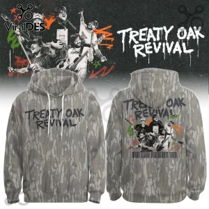 Treaty Oak Revival camouflage hoodie featuring band graphics and West Texas Degenerate Tour text on the front and back.!