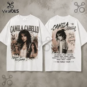 Camila Cabello The Family Tour T-shirt featuring vintage-style photo collages, roses, and world tour city names on white.