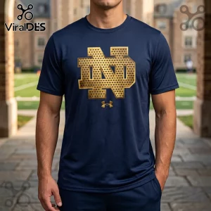 Navy blue Notre Dame performance t-shirt with a metallic gold perforated interlocking ND logo and Under Armour logo.!