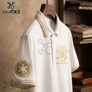 White polo shirt with gold embroidered Darth Vader 50th anniversary emblem and Galactic Empire logo on the sleeve.!