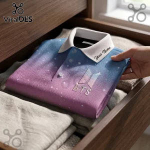 BTS Gradient Galaxy Custom Name Polo Shirt featuring purple and blue starry print with white collar and logo embroidery.