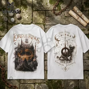 White cotton t-shirt featuring Lord of the Rings graphics, including the One Ring, Eye of Sauron, and a sword on stone.!