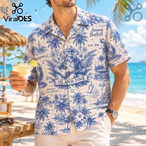 Jimmy Buffett Island Time Toile Hawaiian shirt featuring blue ink illustrations of guitars, parrots, and palm trees.