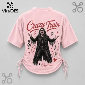 Ozzy Osbourne Crazy Train pink lace-up jersey featuring a graphic of Ozzy in a black leather coat with music notes.