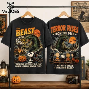 Snoopy Beast From 20,000 Fathoms Halloween 3D Shirt NTH1 featuring a giant sea monster, Snoopy in a cape, and pumpkins.
