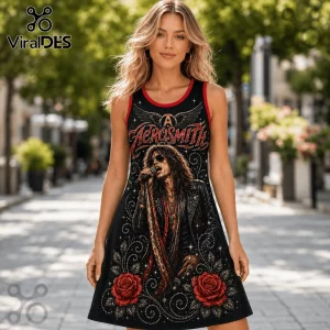 Black sleeveless dress featuring an Aerosmith graphic with Steven Tyler singing, red roses, and red trim.!