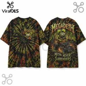 Megadeth band t-shirt with black, yellow, and orange tie-dye pattern, featuring Vic Rattlehead on a hot rod.!