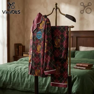 Gryffindor pajama set in maroon and black diamond pattern with Hogwarts house crests on a metal valet stand.!