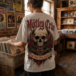 Grey Motley Crue t-shirt featuring a skull, red roses, iron cross, and Live Fast, Play Louder text on the back.!