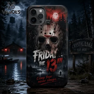 Friday the 13th phone case featuring a Jason Voorhees hockey mask over a Crystal Lake night scene with blood-red text.!