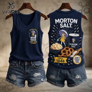 Morton Salt Vintage 1848 V-Neck Tank Top in navy blue featuring the classic umbrella girl logo and snack graphics.