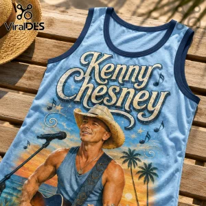Light blue Kenny Chesney graphic tank top featuring the country singer in a cowboy hat with palm trees and musical notes.!